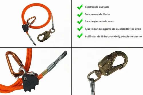 Vista 2 de Kit de línea de sujeción Better Grab ProClimb con núcleo de acero (1/2 pulgada x 3.05 metros) - Correa ajustable para árboles, de baja elasticidad