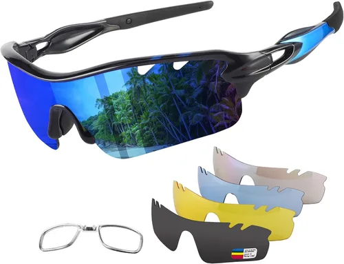 Vista 13 de BangLong Polarized UV400 Sports Sunglasses with 5 Lenses for Men Women TR90 Flexible Frame, 5 Interchangeable Lens with RX Insert, 0.9oz Sports