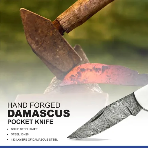 Vista 4 de Cuchillo de bolsillo de damasco Lara Eagle para hombres - Cuchillo plegable de caza de 133 capas de acero sólido hecho a mano con afilador y funda