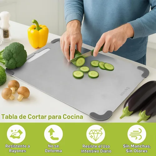 Vista 2 de Tabla de cortar de acero inoxidable para cocina, tabla de cortar de acero apta para lavavajillas, tabla de cortar de metal no plástico de doble