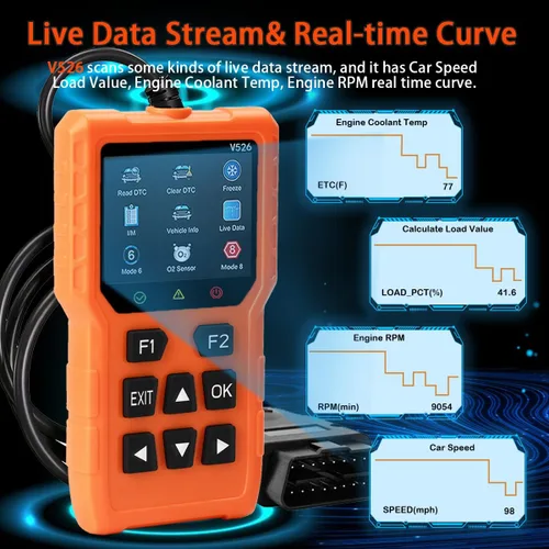 Vista 3 de Herramienta de diagnóstico del escáner V526 OBD2, herramienta de escáner de código de falla de luz del motor de borrado de verificación, DTC, flujo