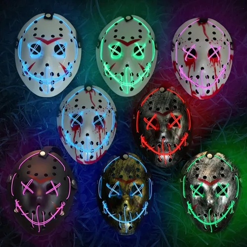 Vista 7 de SUTOTAC Máscara facial brillante de Jason de Halloween máscara de hockey de terror con luz LED máscara de cosplay para fiesta de disfraces