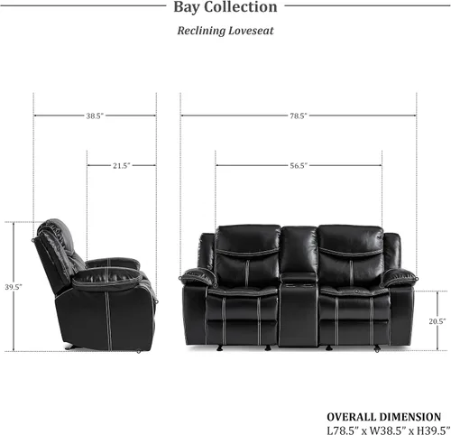 Vista 2 de Lexicon Bay - Juego de sofá reclinable manual, 2 piezas, color negro