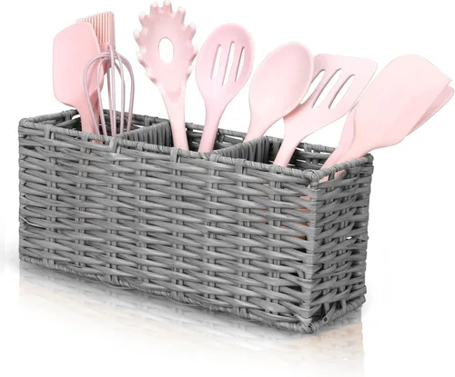 Vista 7 de Ayiaren Organizador de cubiertos de plástico gris para cubiertos, organizador de utensilios pequeños para encimera de cocina, fiesta, cubiertos