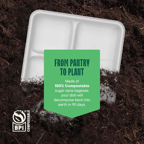 Vista 8 de Plato de papel 100% compostable, paquete de 125 unidades bandeja de 5 compartimientos desechable de calidad resistente, ecológica hecha de fibras