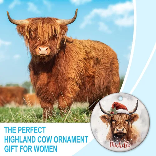 Vista 3 de Hyturtle Regalos de Adornos de Navidad Personalizados para Amantes de Vacas Highland - Adorno de Cerámica Navideño de Vaca Highland con Nombre