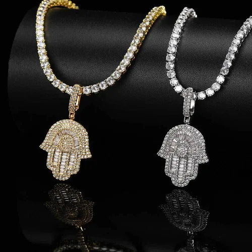 Vista 6 de Collar Hip Hop Hamsa para hombre, colgante de mano Hamsa de oro blanco de 18 quilates para mujer