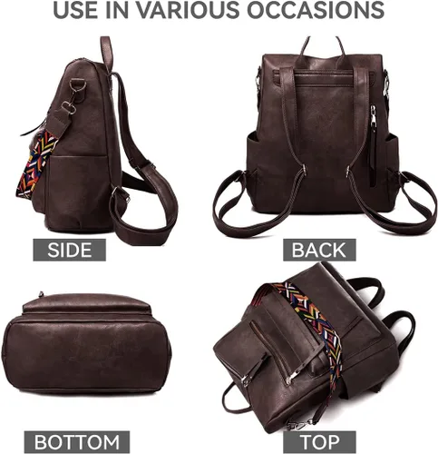 Vista 3 de Mochila de cuero para mujer, grande, diseño de viaje, bolso convertible para la universidad, 3- marrón, Mochila casual de gran capacidad para mujer