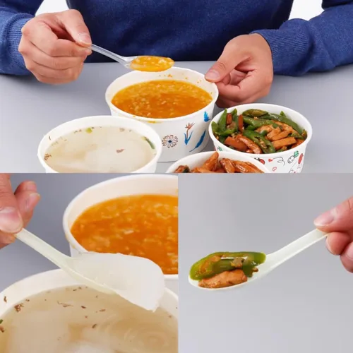 Vista 4 de 50 cucharas de sopa asiáticas desechables de plástico transparente – Cucharas de degustación y platos delanteros, cubiertos de plástico