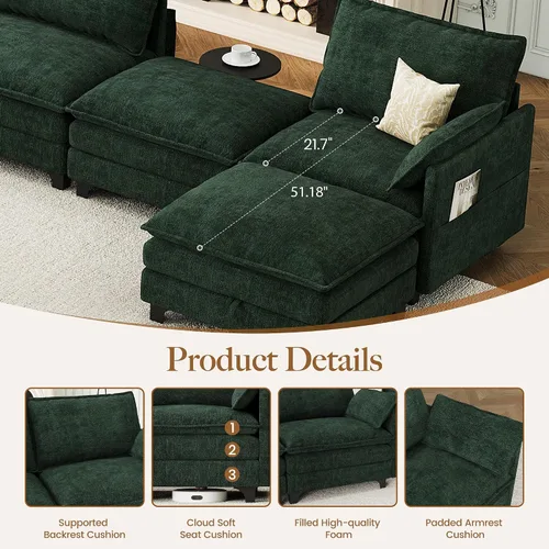 Vista 6 de Sofá modular moderno en forma de L de 106 pulgadas, sofá nube de felpilla con otomana de almacenamiento, sofás de asiento profundo con bolsillo Verde