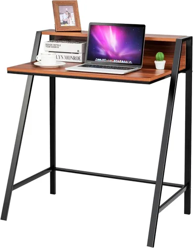Vista 8 de Tangkula Escritorio pequeño para computadora, escritorio compacto para oficina en casa con marco resistente, mesa de estudio de 2 niveles