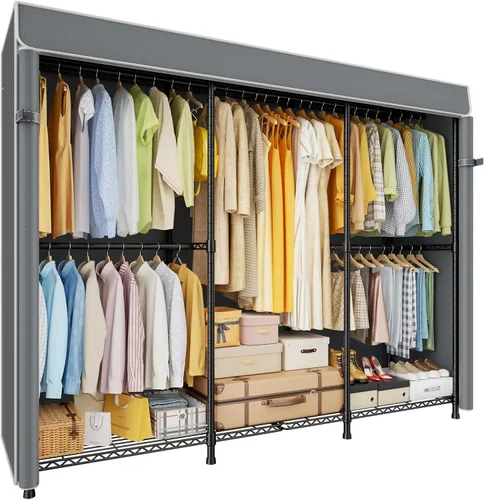 Vista 16 de ULIFHOME E14C - Sistema organizador de armario resistente, estantes de ropa independientes para colgar ropa, perchero ajustable de 58 pulgadas