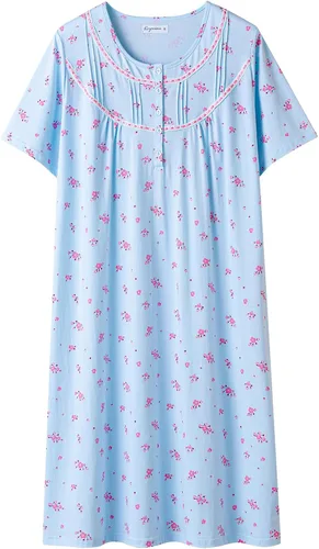 Vista 19 de Keyocean - Camisones para mujer, 100% algodón, suave, cómodo, ligero, manga corta, vestido de noche para damas Azul Floral en Crema