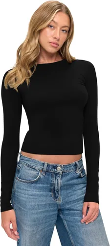 Vista 21 de Natural Uniforms Camiseta Baby Tee Crop Top de Manga Larga Y2K Súper Suave y Súper Elástica para Mujeres Blanco