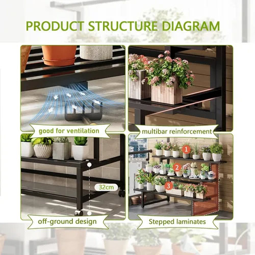 Vista 4 de Soporte de metal grande de 3 niveles, con estante alto para macetas colgantes, con rodillos resistente para plantas, para el hogar, jardín, sala