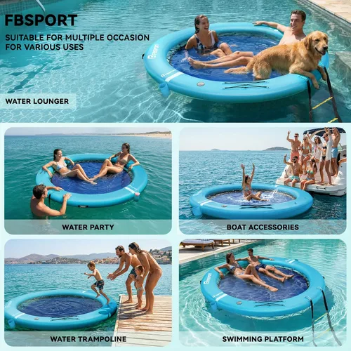 Vista 2 de FBSPORT Hamaca inflable de agua redonda flotante, 10/8/6 pies, plataforma flotante para lago con portavasos, flotador solar, balsa fría, anillo