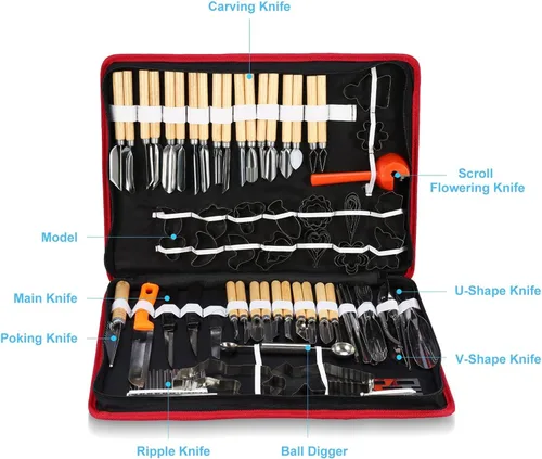 Vista 2 de Kit mejorado de 80 piezas de tallado de calabaza para adultos y niños con herramientas de escultura de detalles profesionales, juego de cuchillos