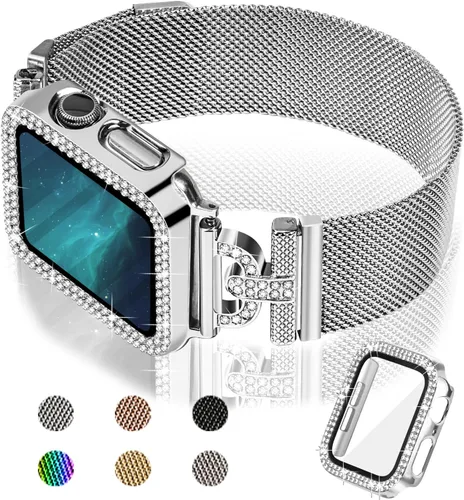 Vista 7 de JOYOZY - Correa magnética compatible con Apple Watch de 38 mm 40 mm 41 mm 42 mm 44 mm 45 mm 46 mm, correa Milanese con brillo de purpurina Negro