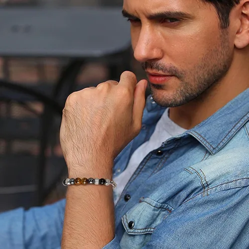 Vista 2 de Pulsera de cuentas para hombre RANKEEF - Juego de pulseras ajustables y elásticas con cuentas de piedra natural multicolor de 6 y 8 mm - Pulseras