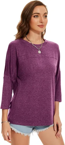 Vista 117 de ZENNILO Camisetas casuales de manga 3/4 para mujer, holgadas, cuello redondo, lindas camisetas básicas