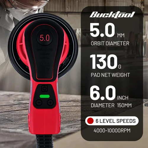 Vista 2 de Bucktool Lijadora orbital de 3.0 amp 6 pulgadas con motor sin escobillas, velocidad variable de 4000-10000, diámetro de órbita de 5mm, con control