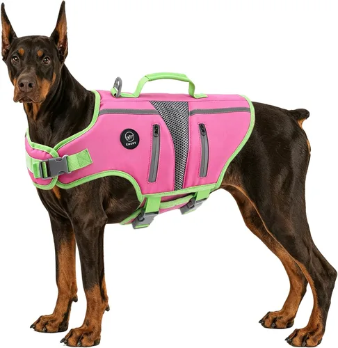 Vista 17 de EMUST Chalecos salvavidas ajustables para perros pequeños con flotabilidad mejorada, chaleco de natación para perros pequeños con asa de rescate