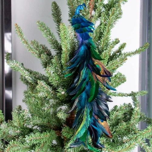 Vista 5 de Pájaros artificiales de pavo real con clip, decoraciones de árbol de Navidad de cola larga con plumas naturales, pájaros de espuma azul para Azul B