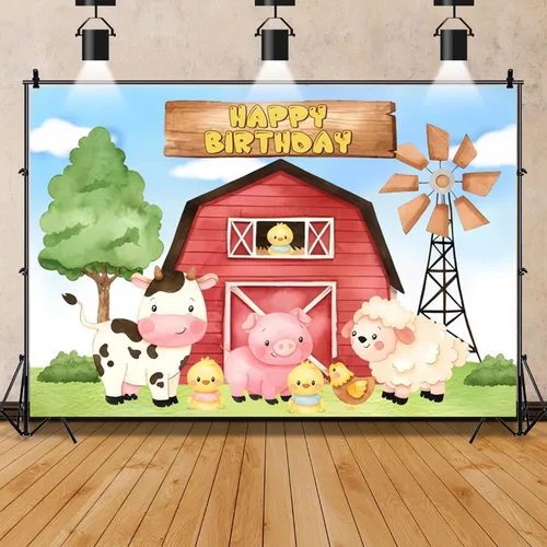 Vista 11 de Telón de fondo rojo de granero para niños, decoración de fiesta de cumpleaños, dibujos animados de animales de granja, granero, fondo de fotografía