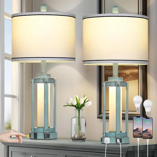 Vista 11 de Modern Table Lamps Set of 2, Industrial 3-Way Dimmable Bedside Lamp with USB A+C Ports & AC Outlet, 25" Touch Control Nightstand Lamp LED Night