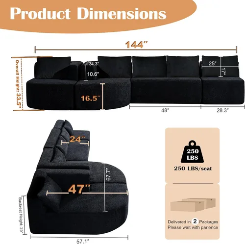 Vista 2 de Sofá modular de 144 pulgadas, sofá de nube en forma de U de gran tamaño, negro