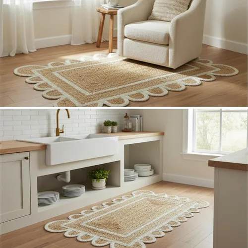 Vista 8 de Alfombra festoneada de yute natural, base natural con ribete blanco hueso, alfombra bohemia de granja hecha a mano con respaldo antideslizante