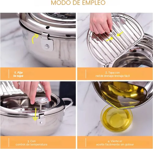 Vista 4 de cuomaop Olla para freidora, olla japonesa de acero inoxidable 304 con drenaje de aceite, control de temperatura y tapa, olla Tempura para cocina