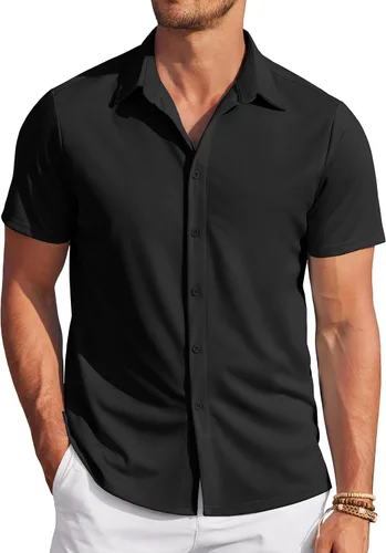 Vista 22 de COOFANDY - Camisas sin arrugas para hombre, casual, manga corta, con botones, de verano, elástica, de vestir