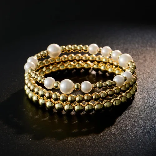 Vista 5 de Pulsera de cuentas de oro para mujer, apilable, chapada en perlas, juego de pulseras elásticas para mujer, a la moda
