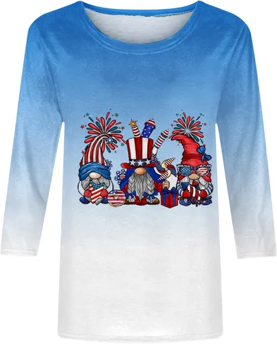 Vista 4 de SMIDOW Camiseta del 4 de julio para mujer 2023 a la moda, linda camiseta de manga 34 con estampado de gnomo, camiseta gráfica del Día