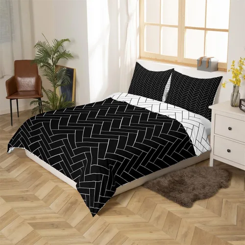 Vista 2 de Juego de funda de edredón geométrica negra Twin XL, juego de ropa de cama a rayas negras y blancas, moderno, suave, de lujo, de microfibra