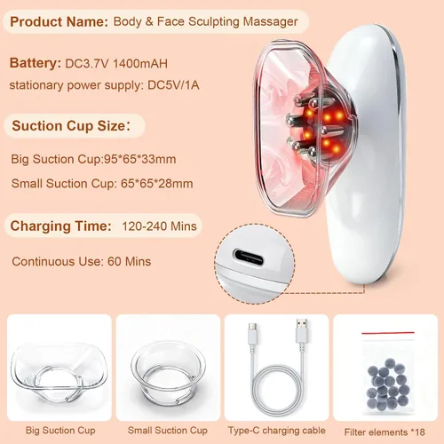Vista 5 de 5-in-1 Electric Body Sculpting Massager - Red Blue LED Light Therapy & Microcurrent Tool with Oval/Round Suction Cups for Face & Body Tightening
