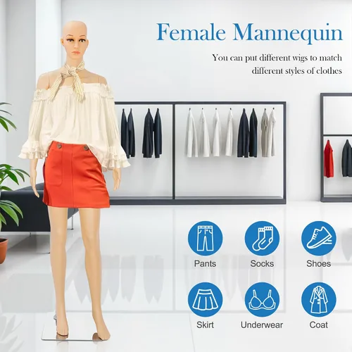 Vista 8 de Maniquí femenino de cuerpo completo con cabeza ajustable, extremidades flexibles, diseño desmontable de 69 pulgadas, forma de vestido con base