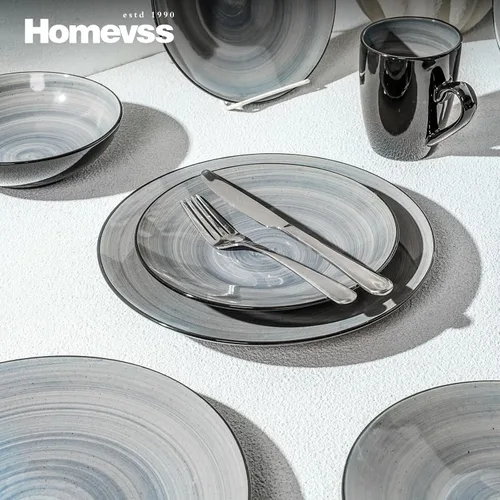 Vista 4 de HomeVss - Juego de vajilla de gres Sonoma de 16 piezas, negro + gris moteado con lavado giratorio