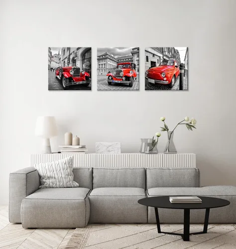 Vista 4 de 3 piezas de lienzo rojo vintage para automóvil clásico con arquitectura histórica, automóvil antiguo en blanco y negro, fotografía callejera, arte