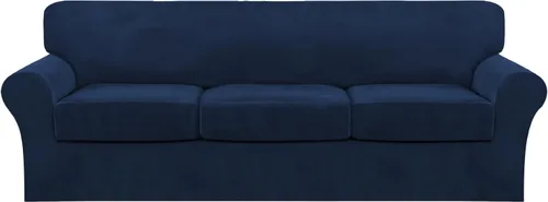 Vista 13 de FantasDecor Fundas de terciopelo para sofá de 2 piezas para sala, con cojín individual, protector elástico de muebles para mascotas, lavable a Negro