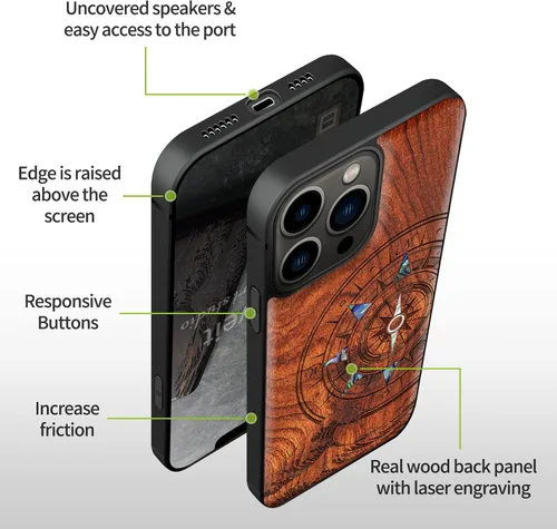 Vista 6 de Carveit Funda protectora de madera de diseñador para iPhone 13 Pro, cubierta magnética, grabado de madera e incrustaciones de concha, funda