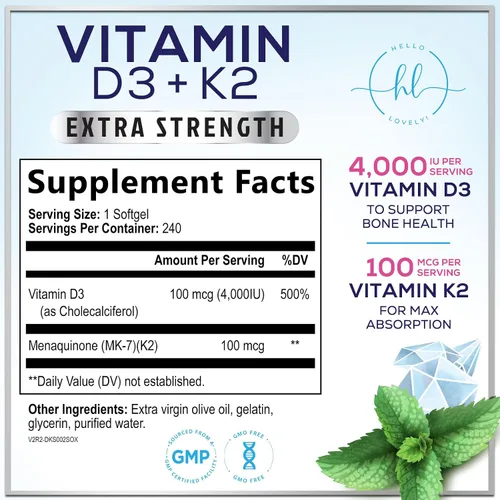 Vista 2 de Suplemento de vitamina D con K2 (MK-7) 4000IU - Vitamina D3, suplemento natural del complejo D3K2 para huesos, dientes, músculos, absorción