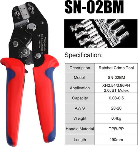 Vista 2 de Yangoutool Engarzadora JST: AWG28-20 (0.08-0.5mm²), compatible con XH 2.54, 3.96, PH2.0, PX, SM, SH, Molex, conectores Dupont Modelo SN02BM
