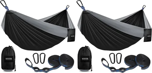 Vista 12 de Kootek - Hamaca portátil doble e individual con 2 correas para árboles, de nailon ligero de paracaídas para mochileros, viajes, playa, patio, Negro