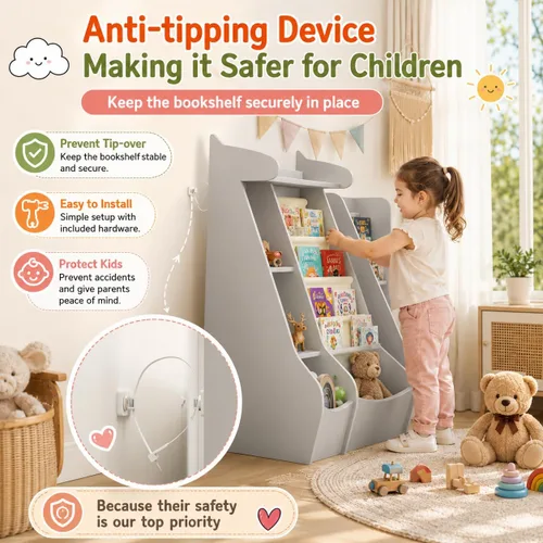 Vista 5 de FKWin - Estantería para niños, organizador de almacenamiento de juguetes, 5 niveles, color gris Montessori