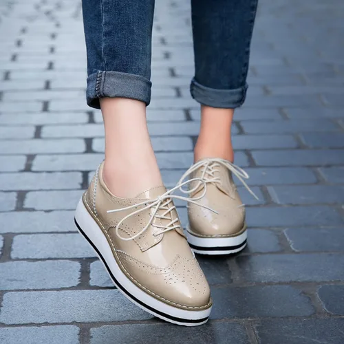 Vista 8 de DADAWEN - Zapatos con cintas tipo Oxford, con plataforma, para mujer, punta cuadrada Albaricoque