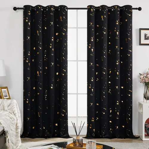 Vista 42 de Deconovo - Cortinas opacas con diseño dorado estampado y ojales, negro, de 42 pulgadas de ancho x 45 pulgadas de largo
