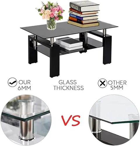 Vista 4 de Mesa auxiliar rectangular de cristal, mesa auxiliar moderna con estante inferior de almacenamiento, mesa auxiliar de té de 2 niveles para sala