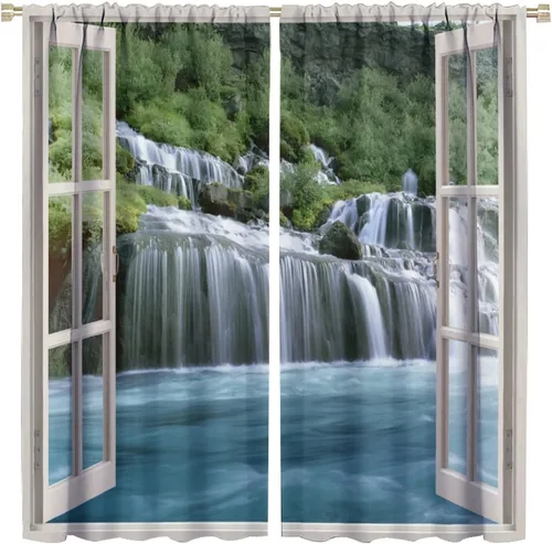 Vista 39 de Cortina opaca de bosque de verano, diseño de ramas de bosque, con bolsillo para barra, cortinas farbic con bolsillo para barra, comedor, cafetería